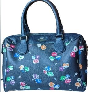 EUC Cosch Mini Bennett Navy Wildflower Satchel Top Handles Silver Attached Rings